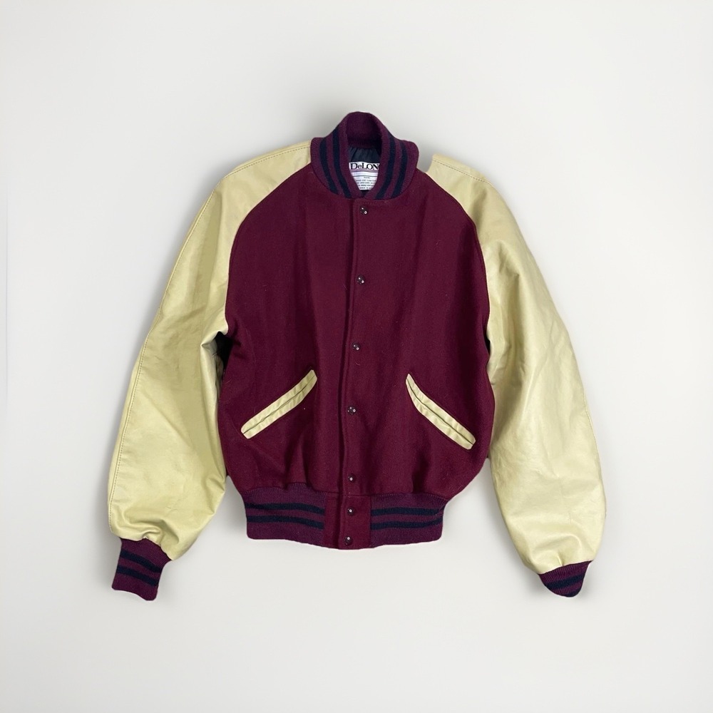 Vintage DeLONG Varsity Jacket Men Large Made In USA Wool‎ Leather Bomber
